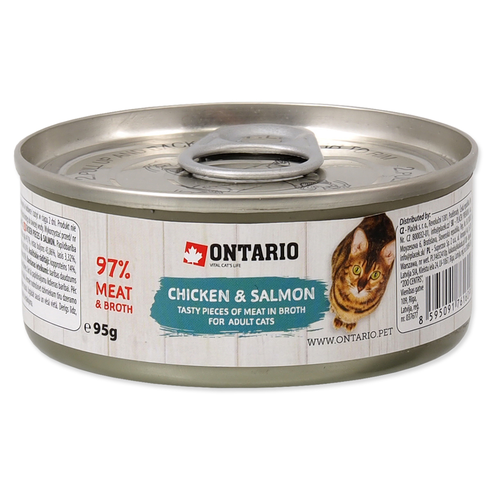 E-shop ONTARIO Konzerva kuracie kúsky s lososom 95 g