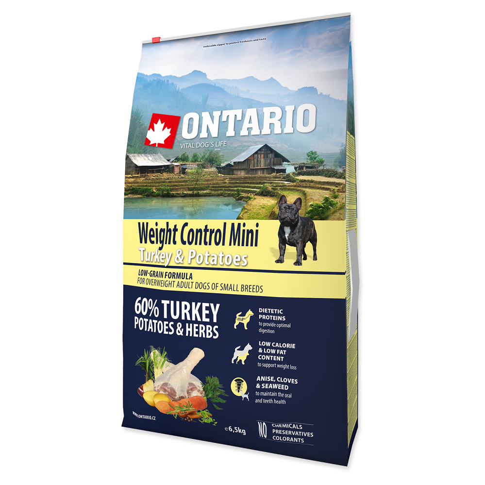 ONTARIO Dog Mini Weight control turkey & potatoes granule pre psov 1 ks, Hmotnosť balenia (g): 2,25 kg