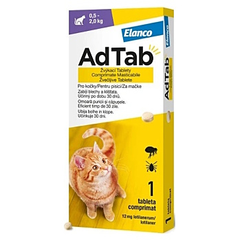 ADTAB 12 mg žuvacia tableta pre mačky od 0,5–2,0 kg 1 kus (Žuvacie tablety pre mačky proti blchám a kliešťom)