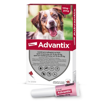 ADVANTIX Spot-on pre psov 10-25 kg 2,5 ml 1 pipeta (Pipety proti kliešťom a blchám pre psov) - Vodeodolné