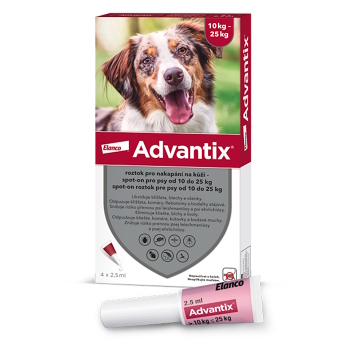 ADVANTIX Spot-on pre psov 10-25 kg 2,5 ml 4 pipety (Pipety proti kliešťom a blchám pre psov)