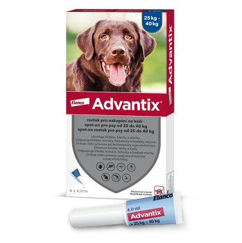 ADVANTIX Spot-on pre psov 25-40 kg 4 ml 4 pipety (Pipety proti kliešťom a blchám pre psov)