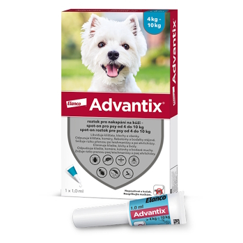 ADVANTIX Spot-on pre psov 4-10 kg 1 ml 1 pipeta (Pipety proti kliešťom a blchám pre psov) - Vodeodolné