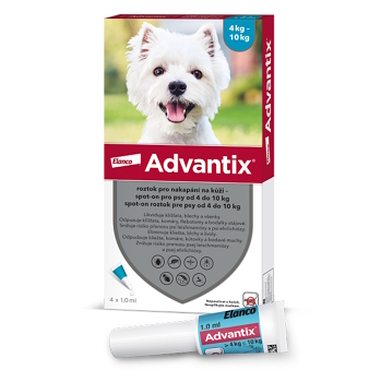 ADVANTIX Spot-on pre psov 4-10 kg 1 ml 4 pipety (Pipety proti kliešťom a blchám pre psov)