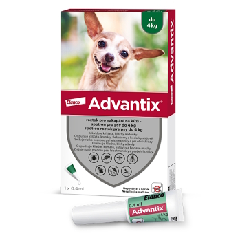 ADVANTIX Spot-on pre psov do 4 kg 0,4 ml 1 pipeta (Pipety proti kliešťom a blchám pre psov) - Vodeodolné