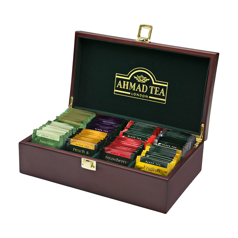 AHMAD TEA Keeper drevená kazeta čiernych a zelených čajov 80 sáčkov