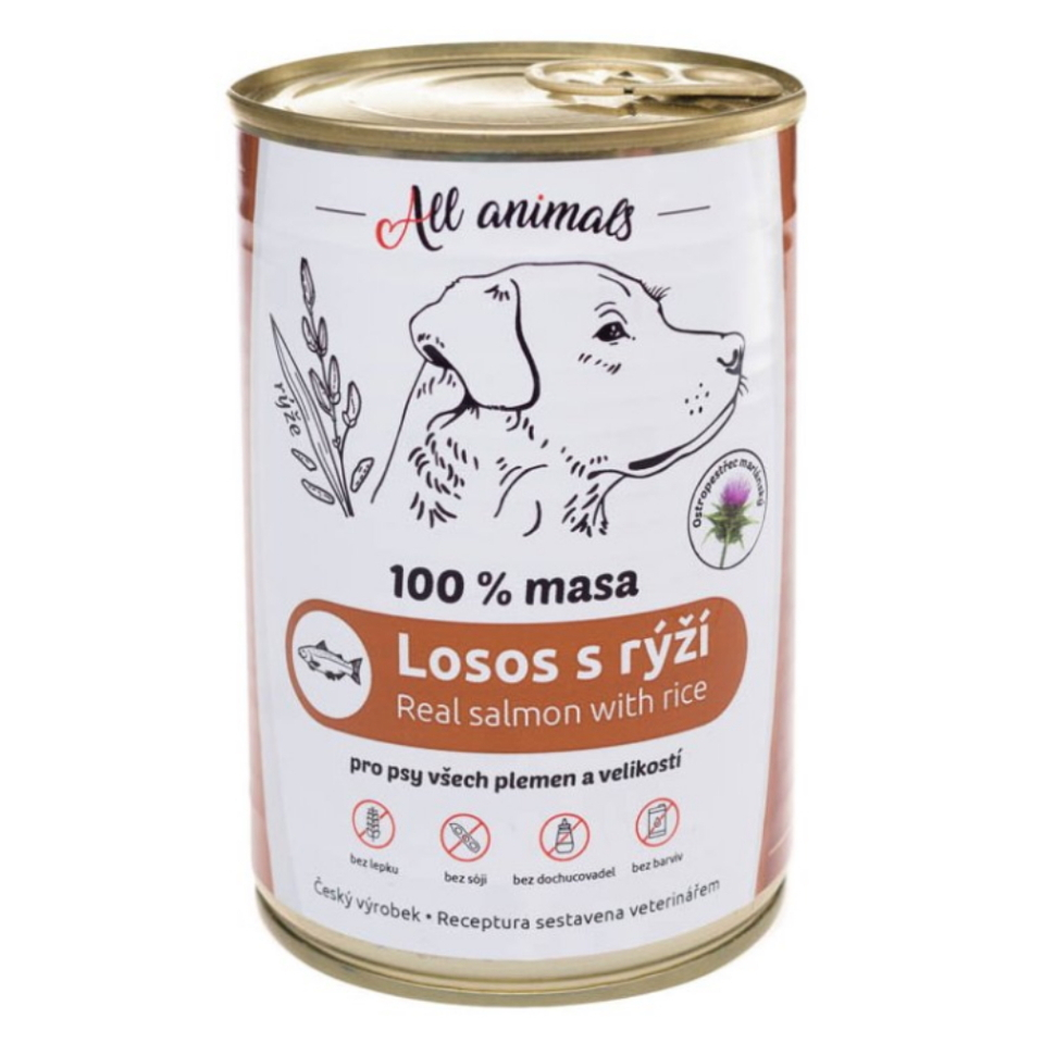 E-shop ALL ANIMALS konzerva losos mletý s ryžou pre psov 400 g