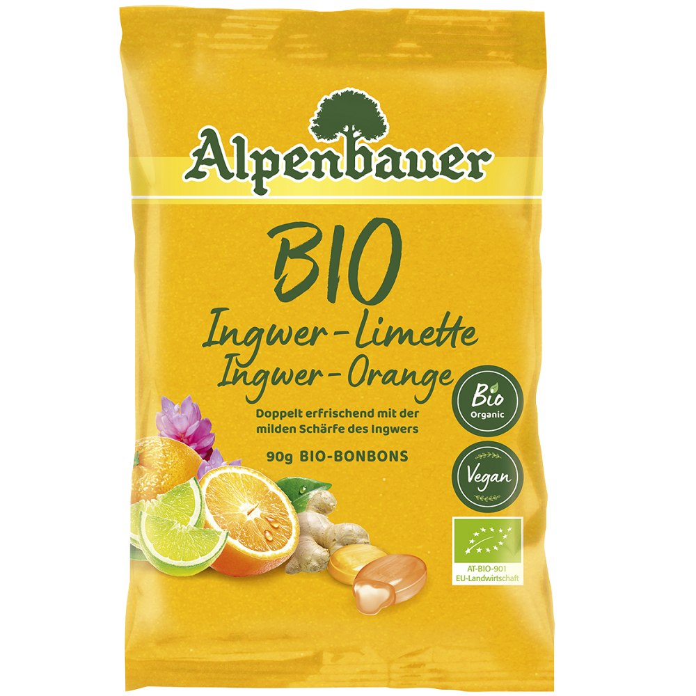 Alpenbauer BIO Zázvor – pomaranč – limetka cukríky v BIO kvalite 90 g