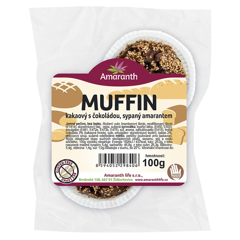 AMARANTH Bezlepkový muffin kakaový s čokoládou sypaný amarantom 2 kusy