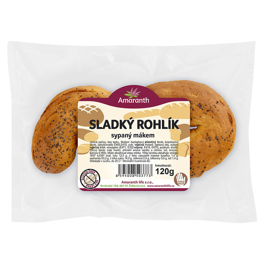 AMARANTH Bezlepkový rožok sladký sypaný makom 2 kusy
