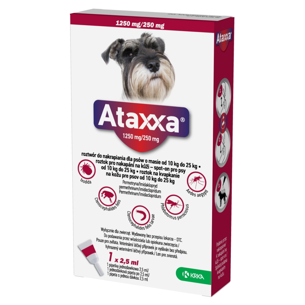 ATAXXA 1250 mg/250 mg roztok na kvapkanie na kožu pre psov od 10 kg do 25 kg 1 pipeta