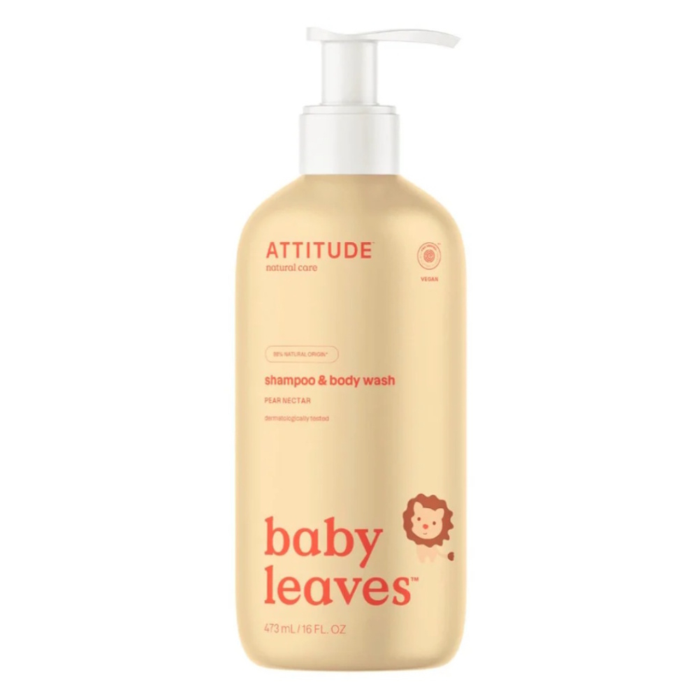 ATTITUDE Baby Leaves Detské telové mydlo a šampón (2v1) s vôňou hruškovej šťavy 473 ml