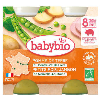 BABYBIO menu zemiaky a hrášok so šunkou 2x200 g (Mäsovozeleninové príkrmy) - BIO