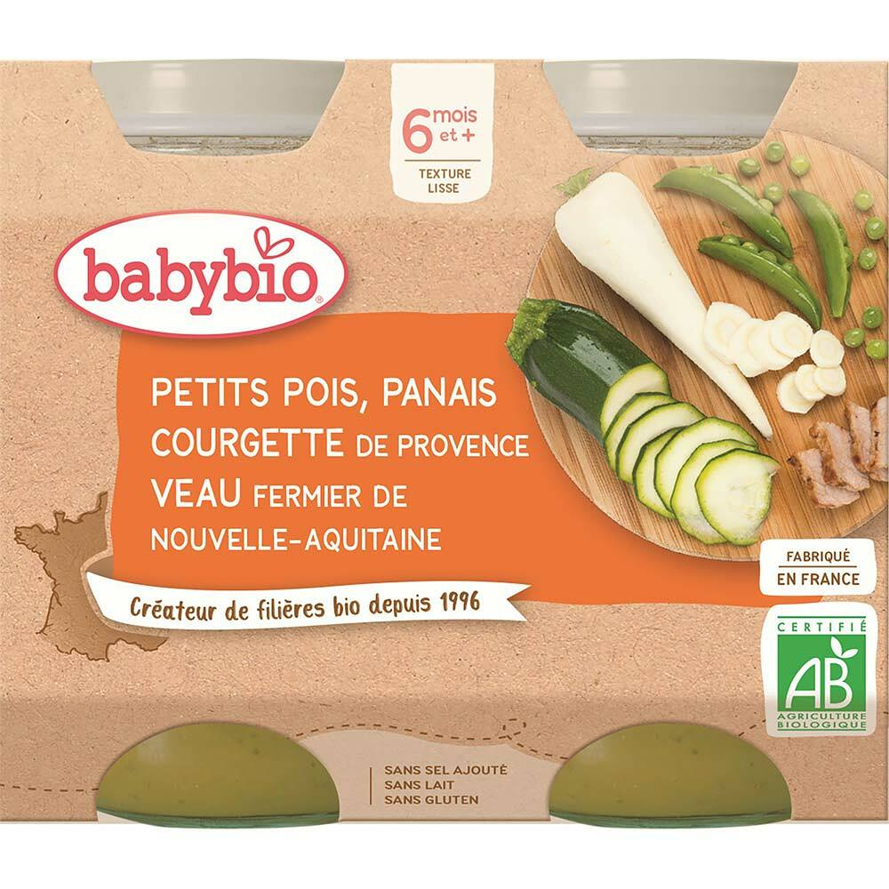 E-shop BABYBIO menu hrášok a paštrnák s cuketou a teľacím mäsom 2x200 g