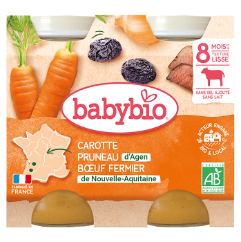 BABYBIO menu mrkvu a sušené slivky s hovädzím mäsom 2x200 g, poškodený obal (Mäsovozeleninové príkrmy) - BIO