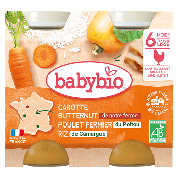 BABYBIO mrkva s maslovou tekvíc, kuraťom a ryžou 2x200 g (Mäsovozeleninové príkrmy) - BIO