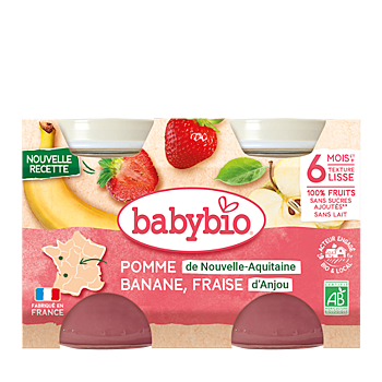 BABYBIO jablko, banán a jahody 2 x 130 g (Ovocné príkrmy)