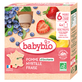 BABYBIO Jablko s čučoriedkou a jahody 6m+ 4 x 90 g