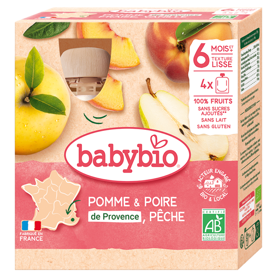 E-shop BABYBIO Jablko s hruškou a broskýň 6m+ 4 x 90 g