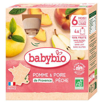 BABYBIO Jablko s hruškou a broskýň 6m+ 4 x 90 g (Desiatové kapsičky) - BIO