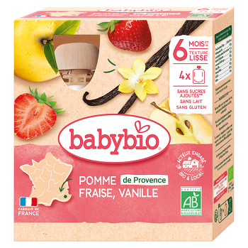 BABYBIO Jablko s jahodou a vanilkou 6m+ 4 x 90 g (Desiatové kapsičky) - BIO, Ekologické
