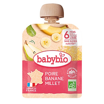 BABYBIO Vrecko hruška banán proso 6m+ 90 g (Desiatové kapsičky)