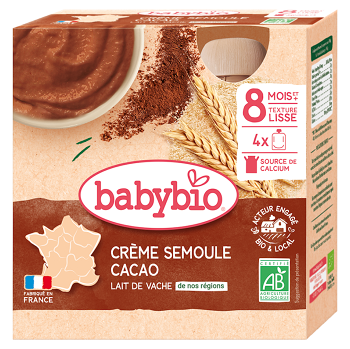 BABYBIO Kapsička krém kakao a krupička 8m + 4 x 85 g (Ovocné príkrmy) - BIO