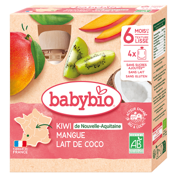 BABYBIO Kapsička kiwi, mango a kokos 6m+ 4 x 90 g (Ovocné príkrmy) - BIO, Ekologické