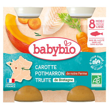 BABYBIO Menu Mrkva a tekvica s pstruhom 2x200 g (Mäsovozeleninové príkrmy) - BIO