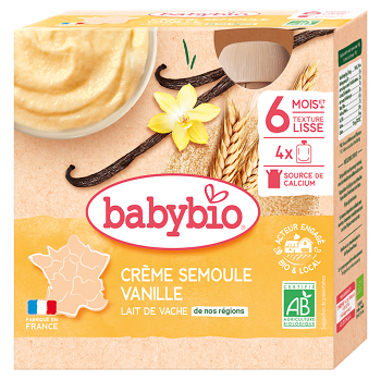 BABYBIO Kapsička mliečny dezert vanilkový krém s krupicou 6m+ 4 x 85 g (Desiatové kapsičky) - BIO