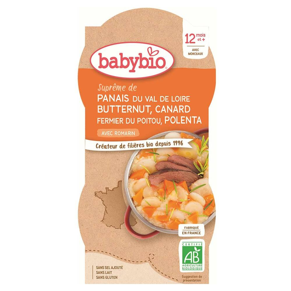 BABYBIO paštrnák s maslovou tekvíc, kačicou a polentou 2x200 g