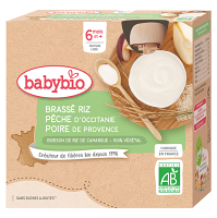 BABYBIO Ryžová kaša s broskyňou a hruškou 6m+ 4 x 85 g