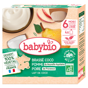 BABYBIO Kapsička desiata s kokosovým mliekom jablko a hruška 4 x 85 g (Ovocné príkrmy)