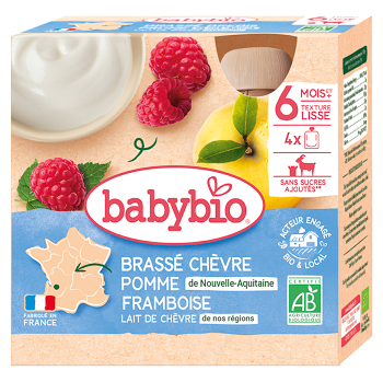 BABYBIO Olovrant z kozieho bio mlieka s jablkom a malinami 6m+ 4 x 85 g (Desiatové kapsičky) - BIO