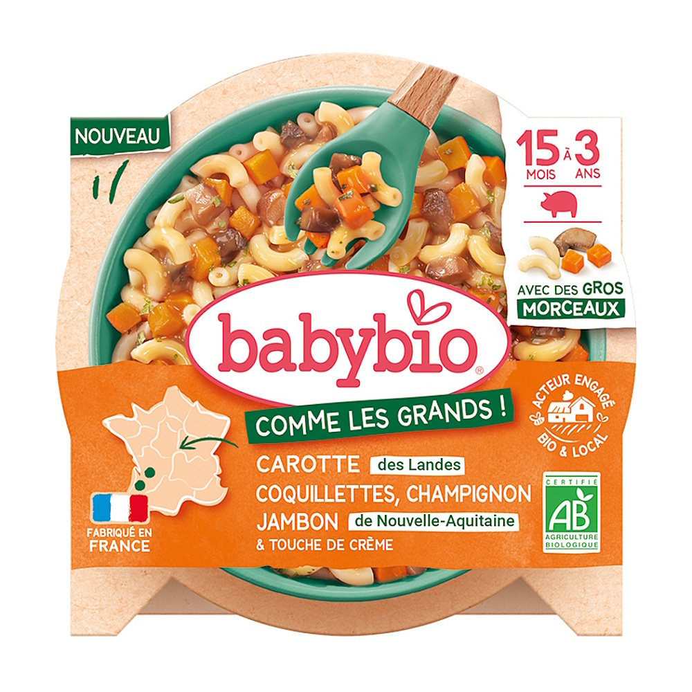 BABYBIO Cestoviny coquillettes s mrkvou, šampiňónmi, šunkou 200 g