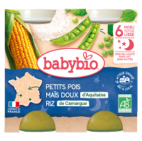 BABYBIO večerné menu hrášok so sladkou kukuricou a ryžou 2x200 g