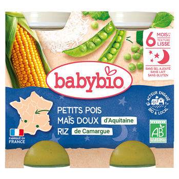 BABYBIO večerné menu hrášok so sladkou kukuricou a ryžou 2x200 g (Cestovinové, ryžové príkrmy) - BIO