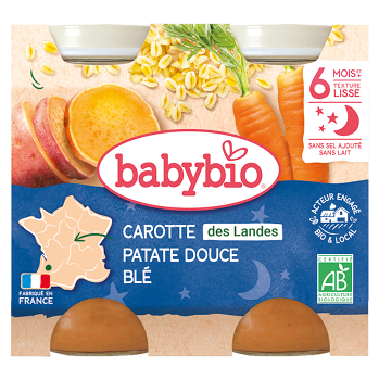 BABYBIO Večerné menu Mrkva so sladkými zemiakmi a pšenicou 2x200 g (Zeleninové príkrmy) - BIO