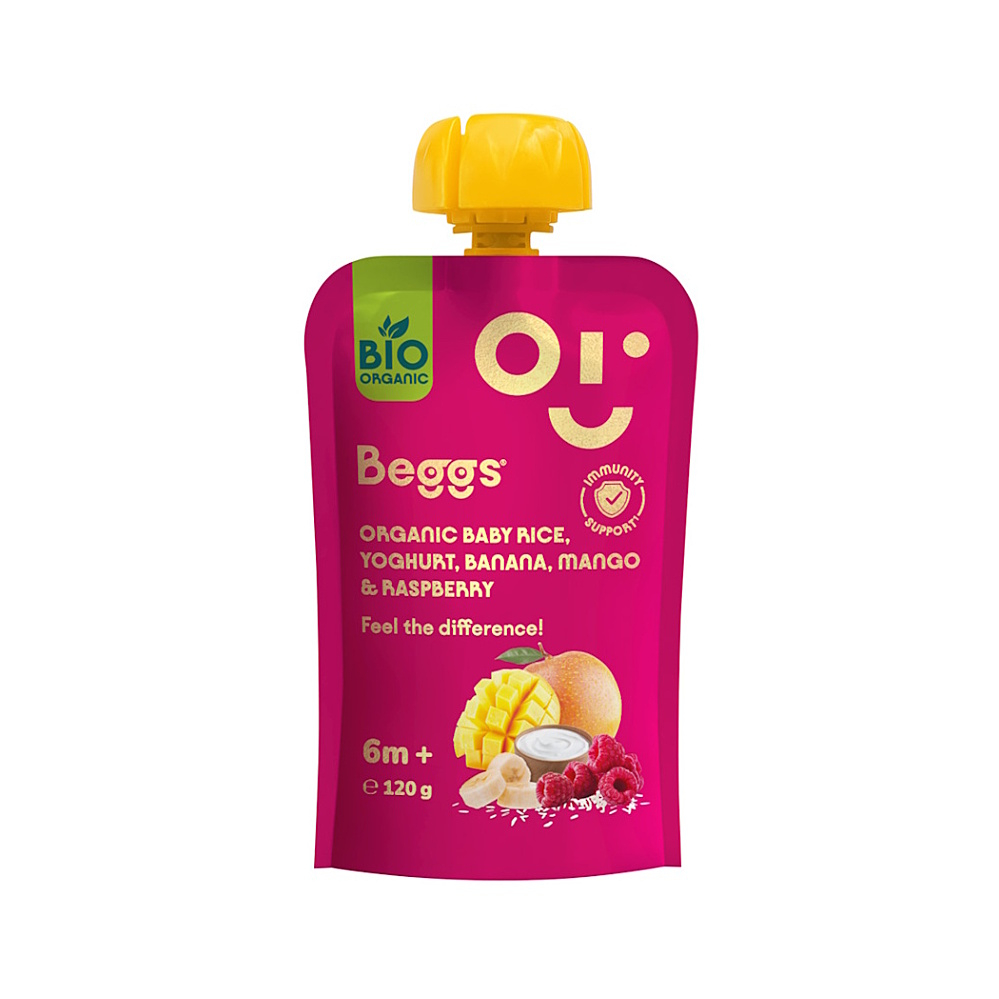 BEGGS Detská ryža s jogurtom banánom mangom a malinami 6m+ BIO 120 g