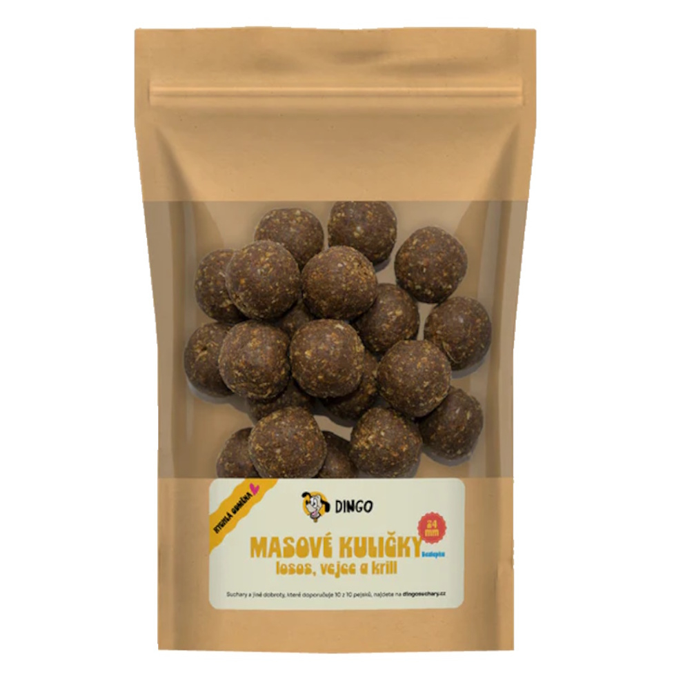 DINGO Mäsové guličky losos, vajcia a krill 24 mm/150 g