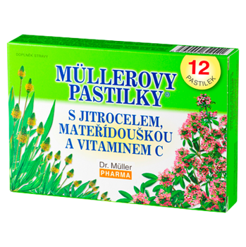 DR. MÜLLER Müllerovy pastilky s skorocelom, materinou dúškou a vitamínom C 12 pastiliek