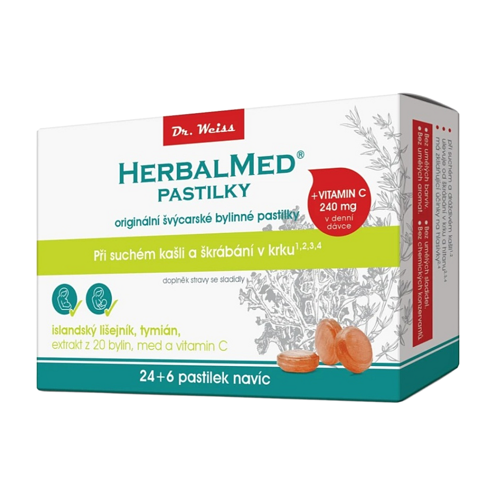 Dr.Weiss HerbalMed pastilky Islandský lišajník + tymian + med + vitamín C pastilky na podporu zdravia dýchacích ciest 30 tbl