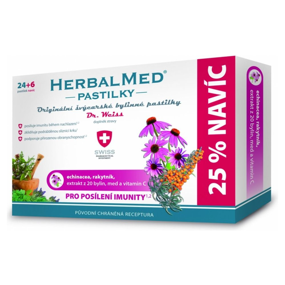 E-shop DR. WEISS Herbalmed echinacea, rakytník, vitamín C 24 + 6 pastiliek ZDARMA