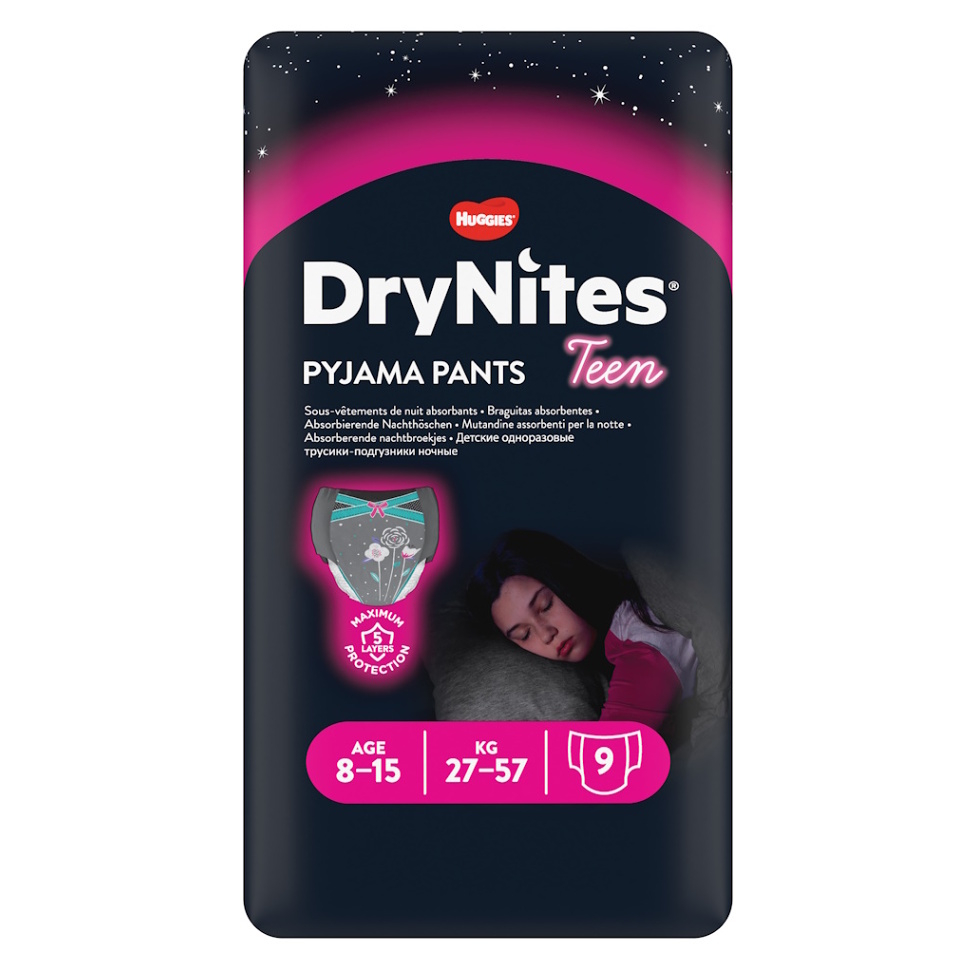 HUGGIES® Dry Nites large pre dievčatá plienkové nohavičky 27-57 kg, 9 ks