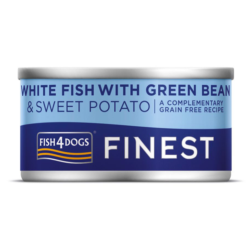 E-shop FISH4DOGS Konzerva pre psov Finest s bielou rybou, sladkými zemiakmi a zelenými fazuľkami 85 g