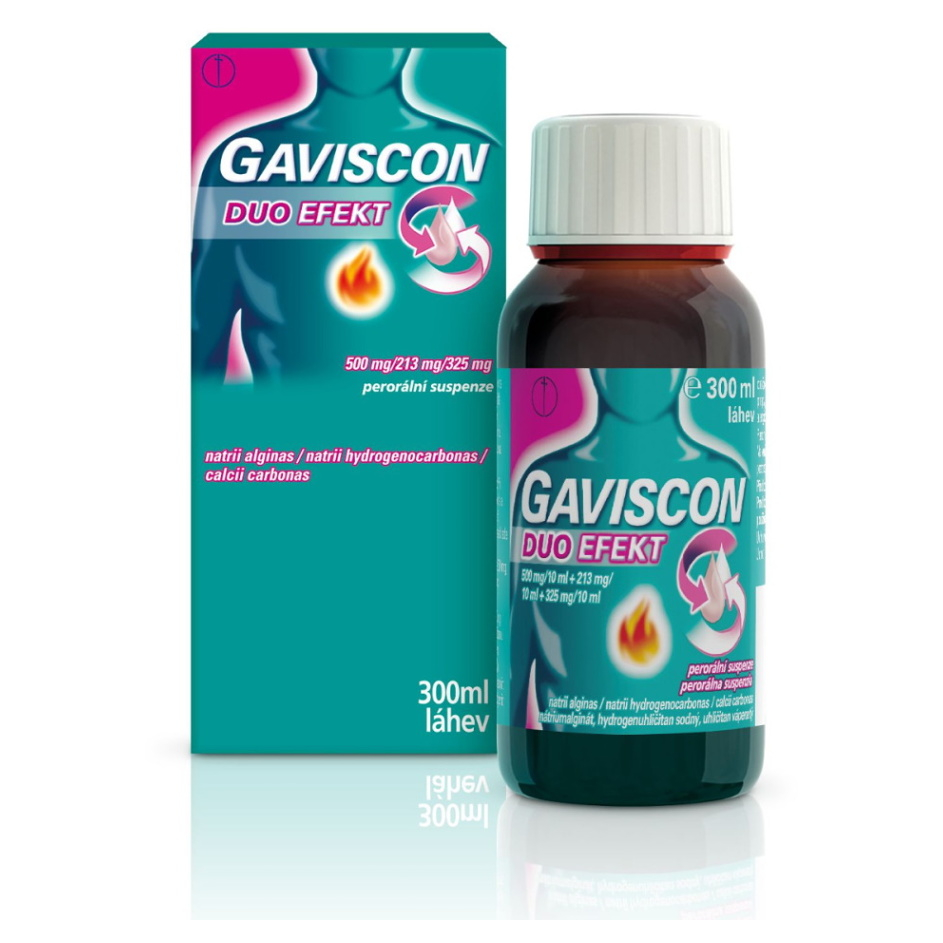 Gaviscon Gaviscon Duo Efekt 500 mg/213 mg/325 mg perorálna suspenzia pri príznakoch refluxu a pálení záhy 300 ml