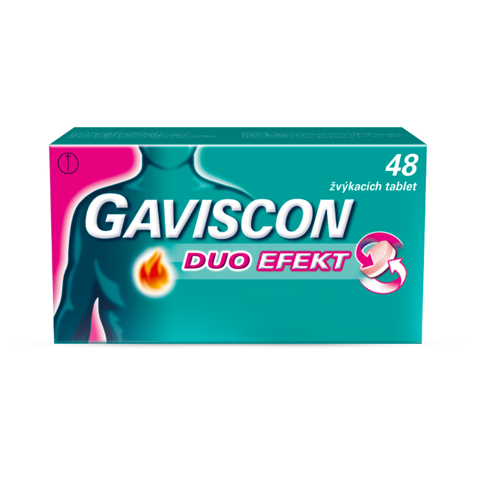 Gaviscon Gaviscon Duo Efekt 250 mg/106, 5 mg/187,5 mg žuvacie tablety na zmiernenie príznakov pálenia záhy 48 tbl kúpite na Mojalekaren.sk