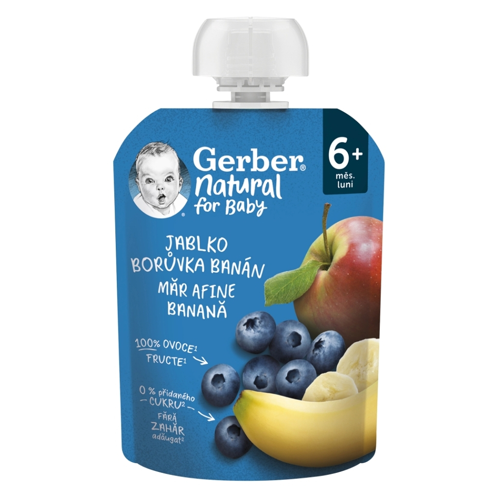Gerber Natural ovocná desiata Kapsička Jablko, čučoriedka a banán (od ukonč. 6. mesiaca) 90 g kúpite na Mojalekaren.sk