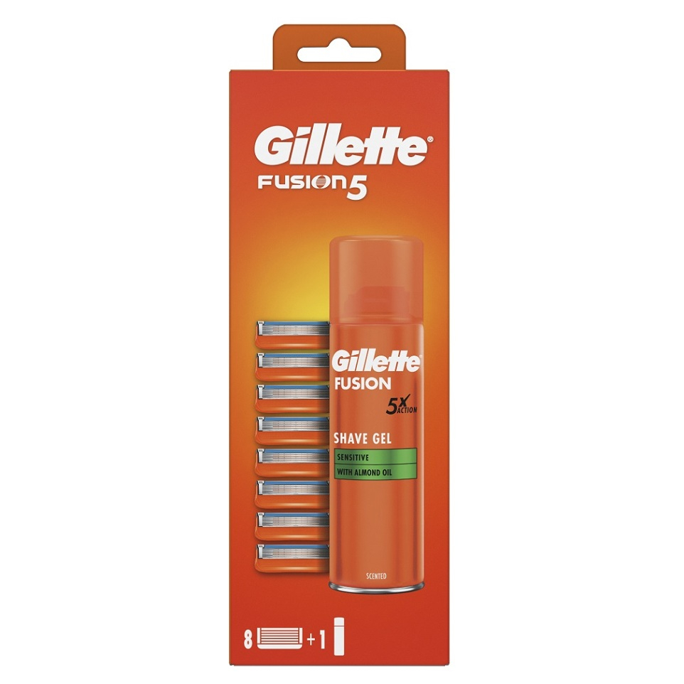 GILLETTE Fusion5 Holiaca hlavica pre muža 8 ks + Gillette Fusion5 Ultra Sensitive 200ml 9 ks