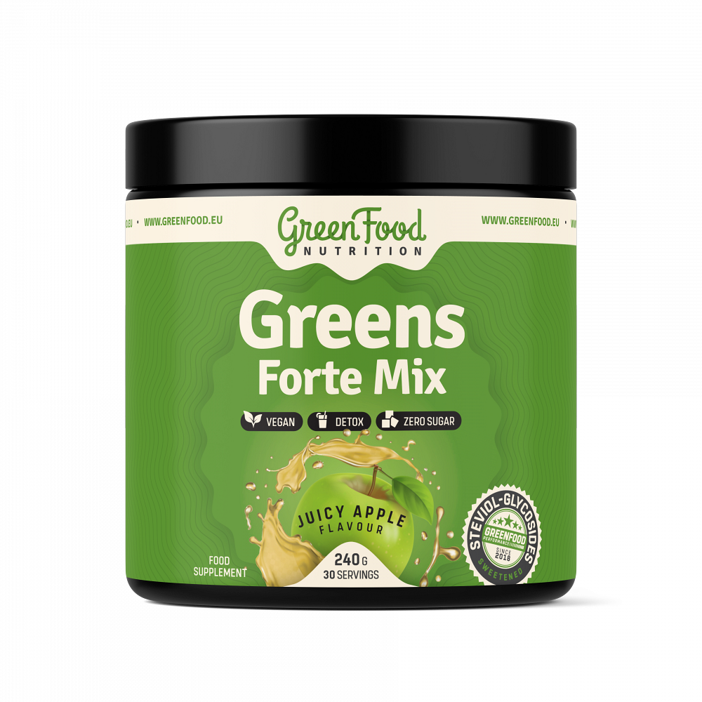 GreenFood Nutrition Greens Forte Mix prášok na detoxikáciu organizmu a podporu imunity príchuť Juicy Apple 240 g